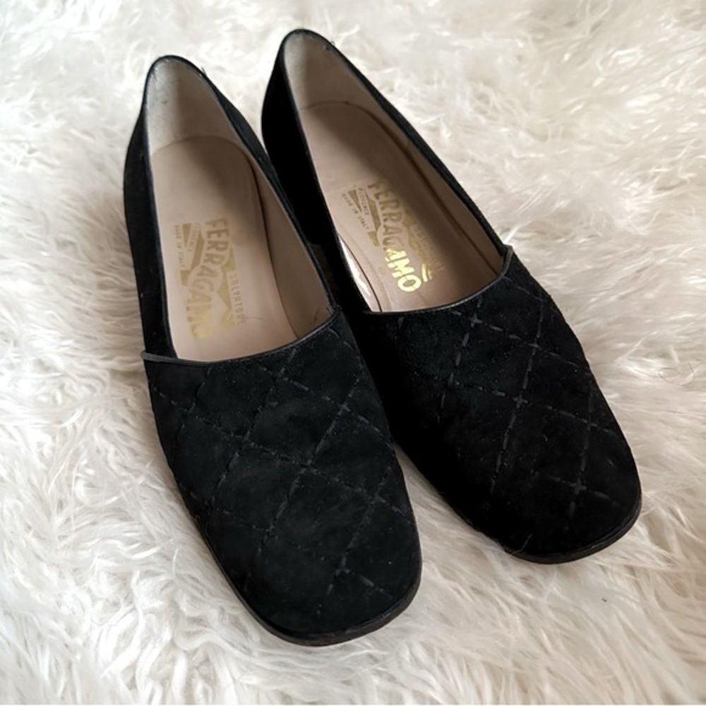 FERRAGAMO black velvet quilted slip on heel